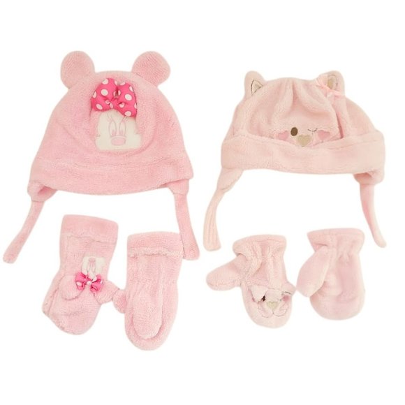 Disney and Miniwear Baby Girl Pink Trapper Hat And Mitten Set of 2 Cozy Warm - Picture 1 of 10